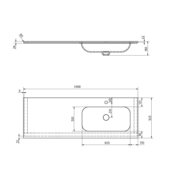 valamu ARUBA R, 190x51.5 cm, valge matt