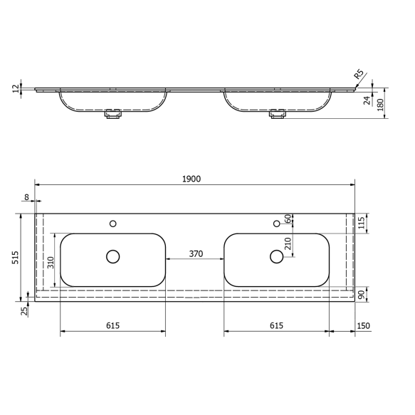 valamu ARUBA Double Central, 190x51.5 cm, valge matt