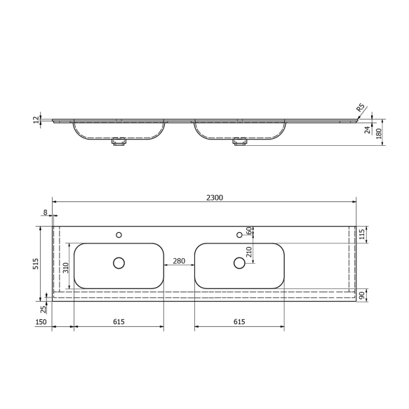 valamu ARUBA L, 230x51.5 cm, valge matt