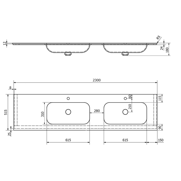 valamu ARUBA R, 230x51.5 cm, valge matt