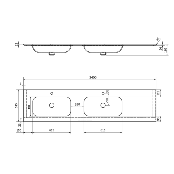 valamu ARUBA L, 240x51.5 cm, valge matt