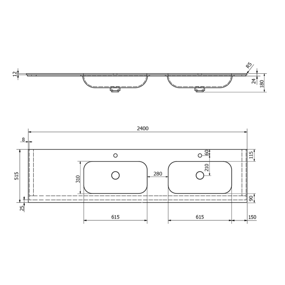 valamu ARUBA R, 240x51.5 cm, valge matt